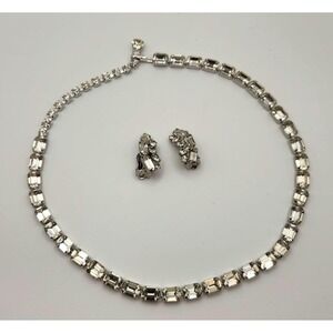 Vintage Kramer Tennis Necklace Rhinestone Clip Earrings Set Signed Emerald Cut